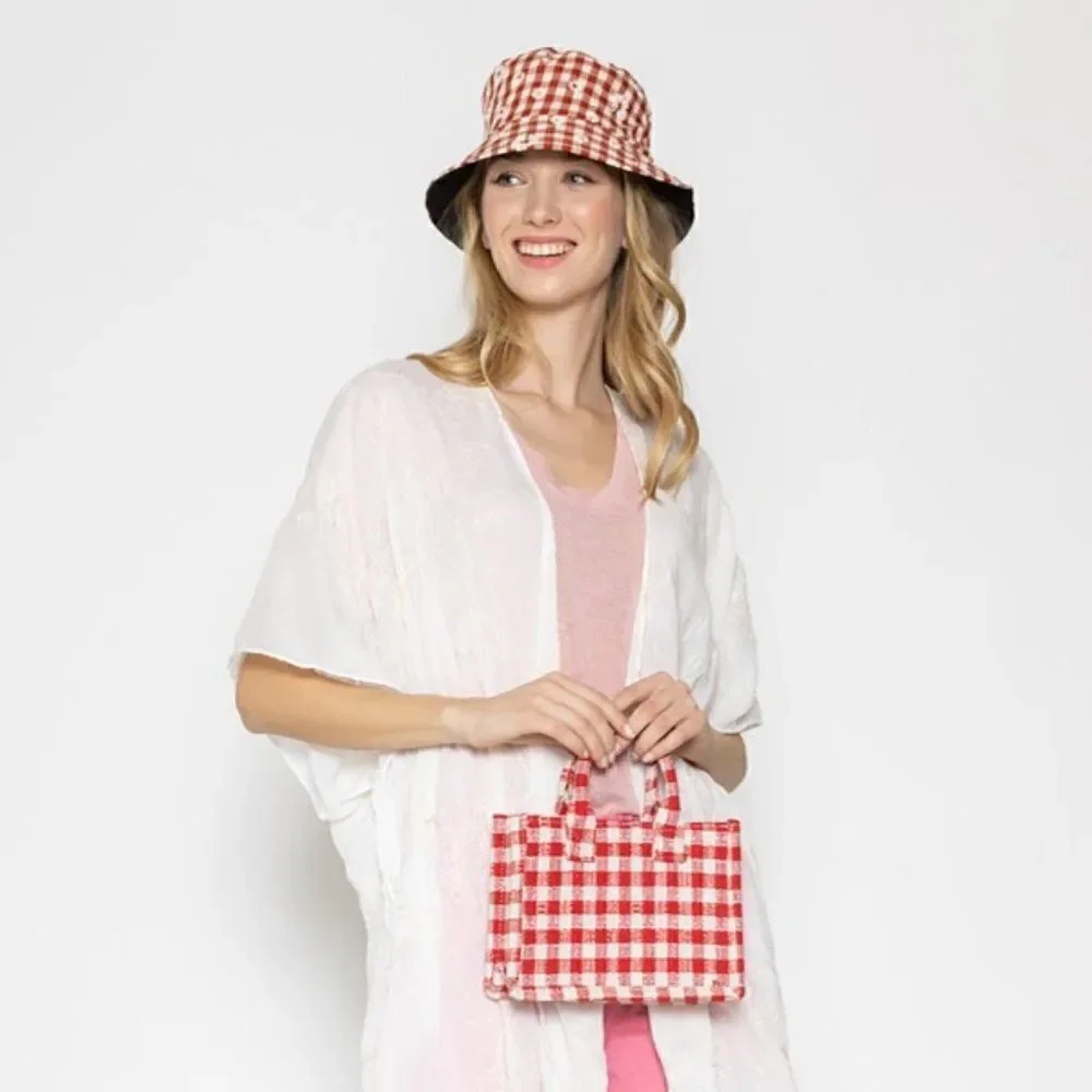 Red Gingham Satchel with Matching Strap and Hat Set